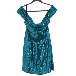 NBD Annelise Mini Dress Women Medium Turquoise Sequin Off-the-Shoulder Read